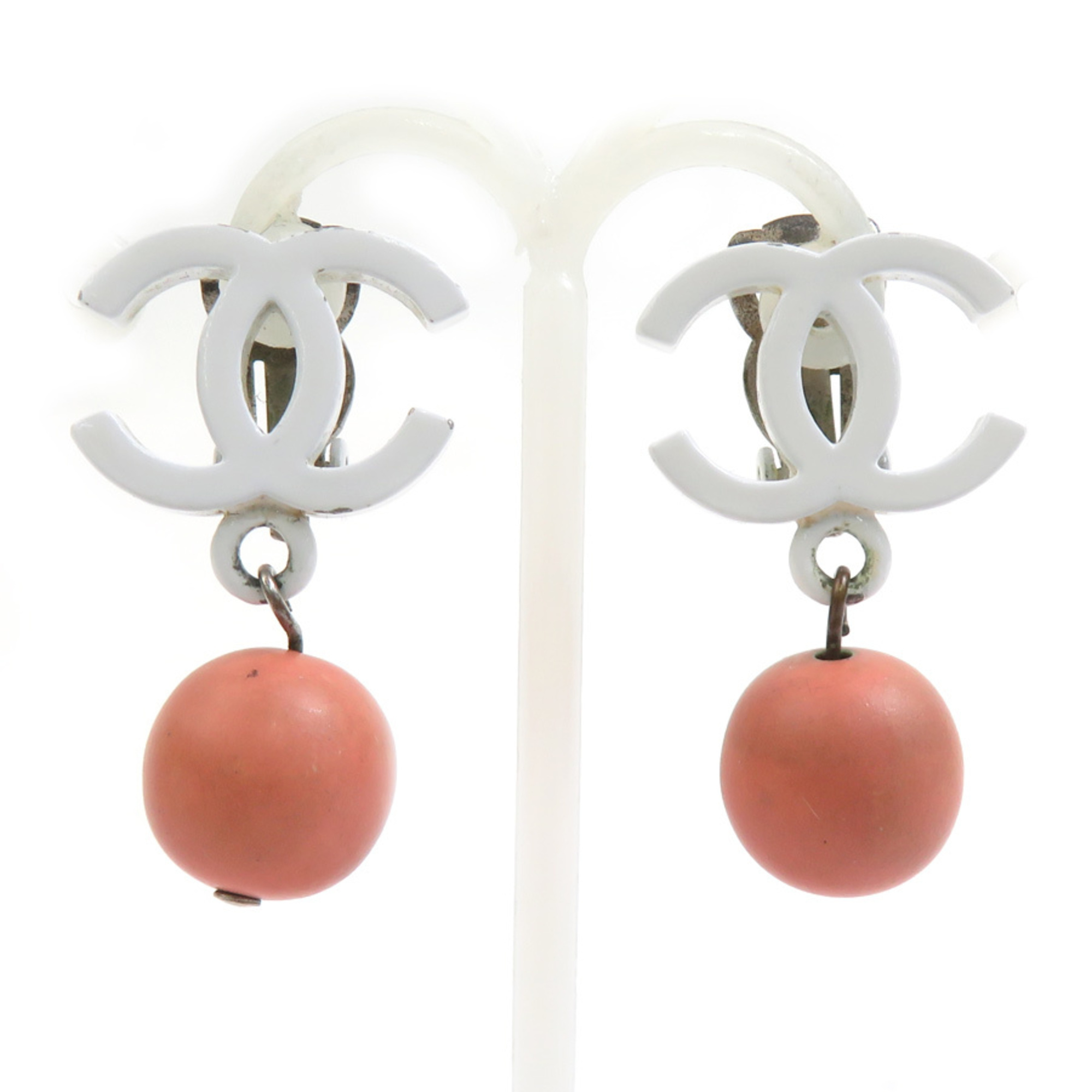 Chanel Earrings, Coco Mark Design, Metal, White, Pink-Orange, Women's, E61835a